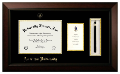 American University Diploma with Announcement & Tassel Box Frame in Legacy Black Cherry with Black & Gold Mats for document: 8 1/2"h x 11"w  , diploma: 7"h x 4"w  