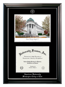 American University Washington College of Law Double Opening with Campus Image (Stacked) Frame in Classic Ebony with Silver Trim with Black & Silver Mats for document: 8 1/2"h x 11"w  