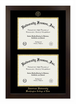 American University Washington College of Law Double Diploma Frame in Manhattan Espresso with Black & Gold Mats for document: 8 1/2"h x 11"w  , document: 8 1/2"h x 11"w  