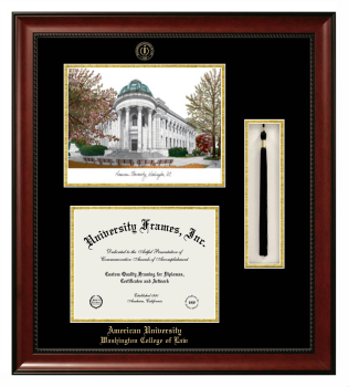 American University Washington College of Law Double Opening with Campus Image & Tassel Box (Stacked) Frame in Avalon Mahogany with Black & Gold Mats for document: 8 1/2"h x 11"w  