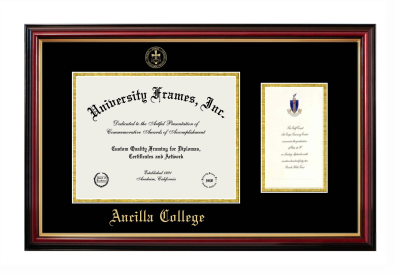 Ancilla College Diploma with Announcement Frame in Petite Mahogany with Gold Trim with Black & Gold Mats for document: 8 1/2"h x 11"w  , diploma: 7"h x 4"w  