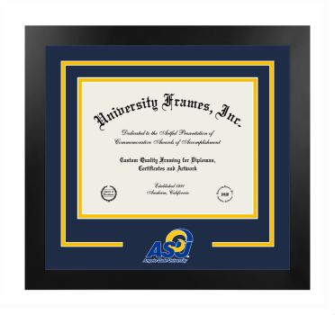 Angelo State University Logo Mat Frame in Manhattan Black with Navy Blue & Amber Mats for document: 8 1/2"h x 11"w  