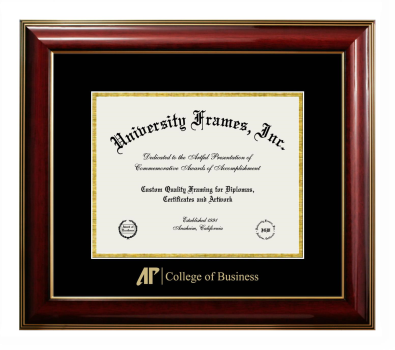 AP College of Business Diploma Frame in Classic Mahogany with Gold Trim with Black & Gold Mats for document: 8 1/2"h x 11"w  
