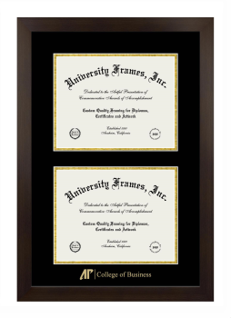 AP College of Business Double Diploma Frame in Manhattan Espresso with Black & Gold Mats for document: 8 1/2"h x 11"w  , document: 8 1/2"h x 11"w  
