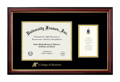 AP College of Business Diploma with Announcement Frame in Petite Mahogany with Gold Trim with Black & Gold Mats for document: 8 1/2"h x 11"w  , diploma: 7"h x 4"w  