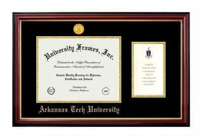 Arkansas Tech University Diploma with Announcement Frame in Petite Mahogany with Gold Trim with Black & Gold Mats for document: 8 1/2"h x 11"w  , diploma: 7"h x 4"w  