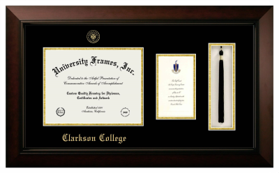 Clarkson College Diploma with Announcement & Tassel Box Frame in Legacy Black Cherry with Black & Gold Mats for document: 8 1/2"h x 11"w  , diploma: 7"h x 4"w  