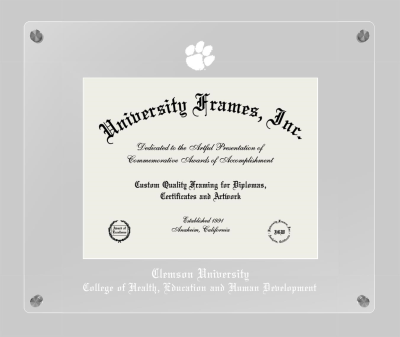 Clemson University College of Health, Education and Human Development Lucent Clear-over-Clear Frame in Lucent Clear Moulding with Lucent Clear Mat for document: 8 1/2"h x 11"w  