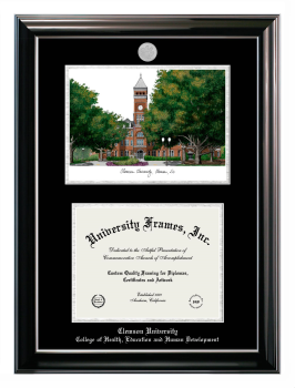 Clemson University College of Health, Education and Human Development Double Opening with Campus Image (Stacked) Frame in Classic Ebony with Silver Trim with Black & Silver Mats for document: 8 1/2"h x 11"w  