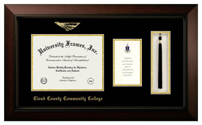 Cloud County Community College Diploma with Announcement & Tassel Box Frame in Legacy Black Cherry with Black & Gold Mats for document: 8 1/2"h x 11"w  , diploma: 7"h x 4"w  