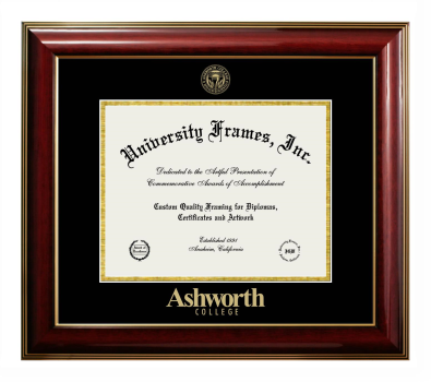 Ashworth College Diploma Frame in Classic Mahogany with Gold Trim with Black & Gold Mats for document: 8 1/2"h x 11"w  