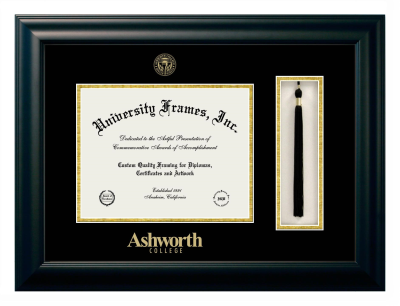 Ashworth College Diploma with Tassel Box Frame in Satin Black with Black & Gold Mats for document: 8 1/2"h x 11"w  