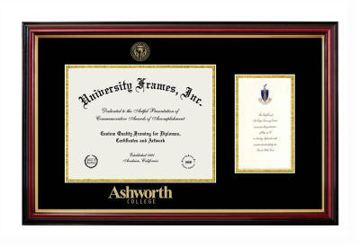 Ashworth College Diploma with Announcement Frame in Petite Mahogany with Gold Trim with Black & Gold Mats for document: 8 1/2"h x 11"w  , diploma: 7"h x 4"w  