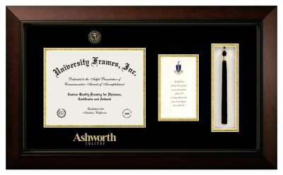 Ashworth College Diploma with Announcement & Tassel Box Frame in Legacy Black Cherry with Black & Gold Mats for document: 8 1/2"h x 11"w  , diploma: 7"h x 4"w  