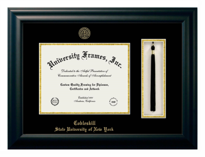 Cobleskill State University of New York Diploma with Tassel Box Frame in Satin Black with Black & Gold Mats for document: 8 1/2"h x 11"w  