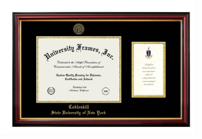 Cobleskill State University of New York Diploma with Announcement Frame in Petite Mahogany with Gold Trim with Black & Gold Mats for document: 8 1/2"h x 11"w  , diploma: 7"h x 4"w  