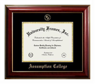 Assumption College Diploma Frame in Classic Mahogany with Gold Trim with Black & Gold Mats for document: 8 1/2"h x 11"w  
