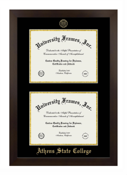 Athens State College Double Diploma Frame in Manhattan Espresso with Black & Gold Mats for document: 8 1/2"h x 11"w  , document: 8 1/2"h x 11"w  