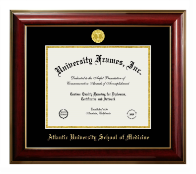 Atlantic University School of Medicine Diploma Frame in Classic Mahogany with Gold Trim with Black & Gold Mats for document: 8 1/2"h x 11"w  