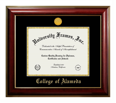 College of Alameda Diploma Frame in Classic Mahogany with Gold Trim with Black & Gold Mats for document: 8 1/2"h x 11"w  
