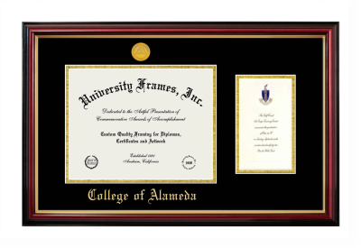 College of Alameda Diploma with Announcement Frame in Petite Mahogany with Gold Trim with Black & Gold Mats for document: 8 1/2"h x 11"w  , diploma: 7"h x 4"w  