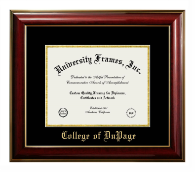 College of DuPage Diploma Frame in Classic Mahogany with Gold Trim with Black & Gold Mats for document: 8 1/2"h x 11"w  