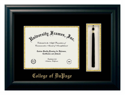 College of DuPage Diploma with Tassel Box Frame in Satin Black with Black & Gold Mats for document: 8 1/2"h x 11"w  