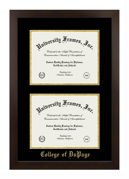 College of DuPage Double Diploma Frame in Manhattan Espresso with Black & Gold Mats for document: 8 1/2"h x 11"w  , document: 8 1/2"h x 11"w  