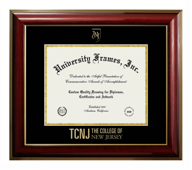 College of New Jersey Diploma Frame in Classic Mahogany with Gold Trim with Black & Gold Mats for document: 8 1/2"h x 11"w  