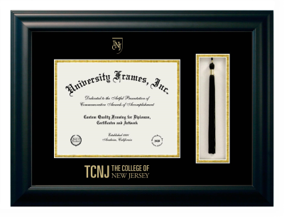 College of New Jersey Diploma with Tassel Box Frame in Satin Black with Black & Gold Mats for document: 8 1/2"h x 11"w  