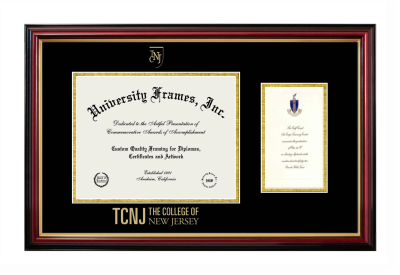 College of New Jersey Diploma with Announcement Frame in Petite Mahogany with Gold Trim with Black & Gold Mats for document: 8 1/2"h x 11"w  , diploma: 7"h x 4"w  