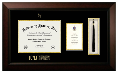 College of New Jersey Diploma with Announcement & Tassel Box Frame in Legacy Black Cherry with Black & Gold Mats for document: 8 1/2"h x 11"w  , diploma: 7"h x 4"w  