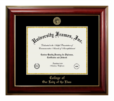 College of Our Lady of the Elms Diploma Frame in Classic Mahogany with Gold Trim with Black & Gold Mats for document: 8 1/2"h x 11"w  