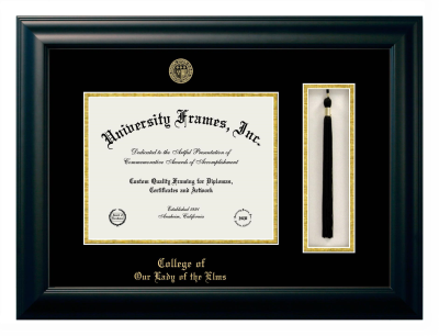College of Our Lady of the Elms Diploma with Tassel Box Frame in Satin Black with Black & Gold Mats for document: 8 1/2"h x 11"w  