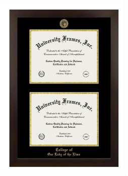 College of Our Lady of the Elms Double Diploma Frame in Manhattan Espresso with Black & Gold Mats for document: 8 1/2"h x 11"w  , document: 8 1/2"h x 11"w  