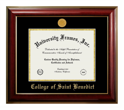 College of Saint Benedict Diploma Frame in Classic Mahogany with Gold Trim with Black & Gold Mats for document: 8 1/2"h x 11"w  