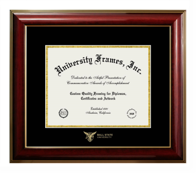 Ball State University Diploma Frame in Classic Mahogany with Gold Trim with Black & Gold Mats for document: 8 1/2"h x 11"w  