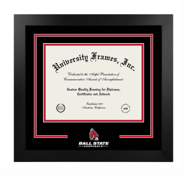 Ball State University Logo Mat Frame in Manhattan Black with Black & Red Mats for document: 8 1/2"h x 11"w  