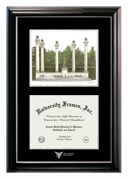 Ball State University Double Opening with Campus Image (Stacked) Frame in Classic Ebony with Silver Trim with Black & Silver Mats for document: 8 1/2"h x 11"w  