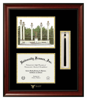 Ball State University Double Opening with Campus Image & Tassel Box (Stacked) Frame in Avalon Mahogany with Black & Gold Mats for document: 8 1/2"h x 11"w  