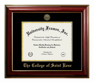 College of Saint Rose Diploma Frame in Classic Mahogany with Gold Trim with Black & Gold Mats for document: 8 1/2"h x 11"w  