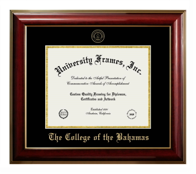 College of the Bahamas Diploma Frame in Classic Mahogany with Gold Trim with Black & Gold Mats for document: 8 1/2"h x 11"w  