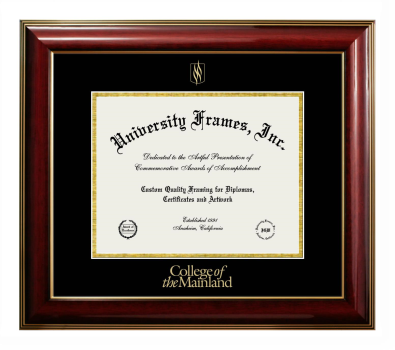 College of the Mainland Diploma Frame in Classic Mahogany with Gold Trim with Black & Gold Mats for document: 8 1/2"h x 11"w  