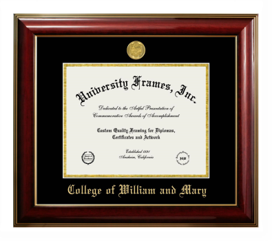 College of William and Mary Diploma Frame in Classic Mahogany with Gold Trim with Black & Gold Mats for document: 8 1/2"h x 11"w  