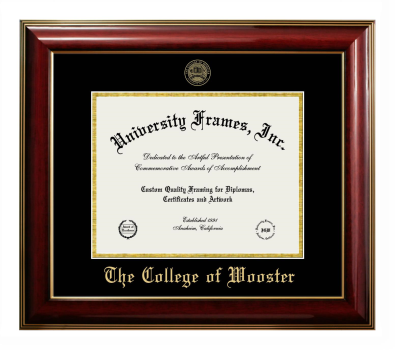 College of Wooster Diploma Frame in Classic Mahogany with Gold Trim with Black & Gold Mats for document: 8 1/2"h x 11"w  