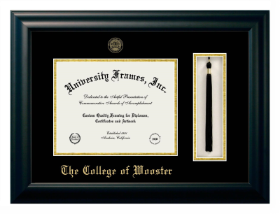 College of Wooster Diploma with Tassel Box Frame in Satin Black with Black & Gold Mats for document: 8 1/2"h x 11"w  