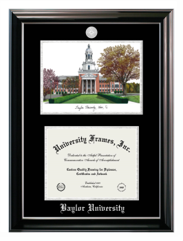 Baylor University Double Opening with Campus Image (Stacked) Frame in Classic Ebony with Silver Trim with Black & Silver Mats for document: 8 1/2"h x 11"w  