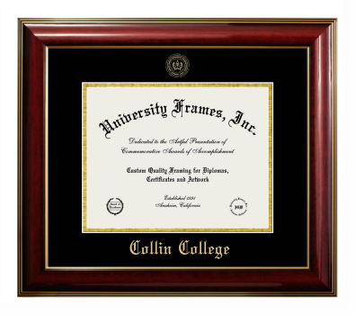 Collin College Diploma Frame in Classic Mahogany with Gold Trim with Black & Gold Mats for document: 8 1/2"h x 11"w  