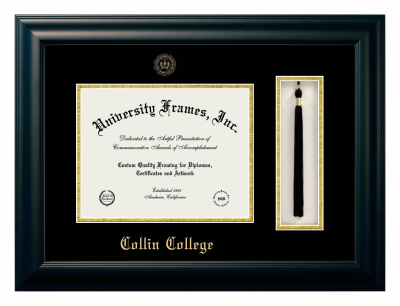 Collin College Diploma with Tassel Box Frame in Satin Black with Black & Gold Mats for document: 8 1/2"h x 11"w  