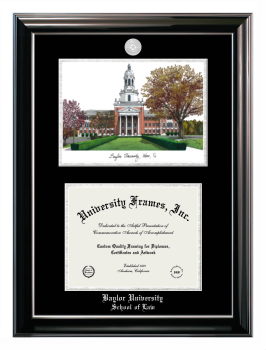 Baylor University School of Law Double Opening with Campus Image (Stacked) Frame in Classic Ebony with Silver Trim with Black & Silver Mats for document: 8 1/2"h x 11"w  